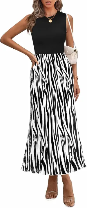 PRETTYGARDEN Womens Spring 2025 Graphic Print A Line Pleated Work Midi Dresses for Women Casual Plisse Long Dress