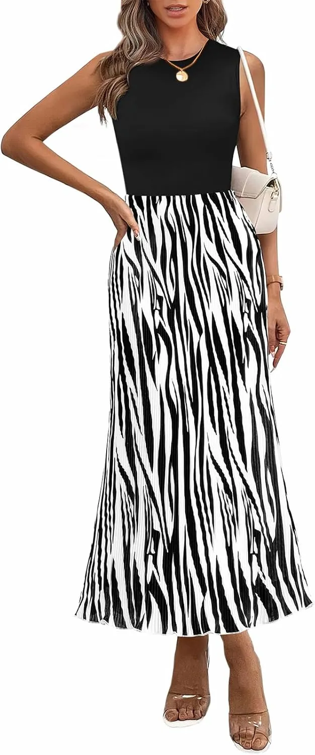 PRETTYGARDEN Womens Spring 2025 Graphic Print A Line Pleated Work Midi Dresses for Women Casual Plisse Long Dress