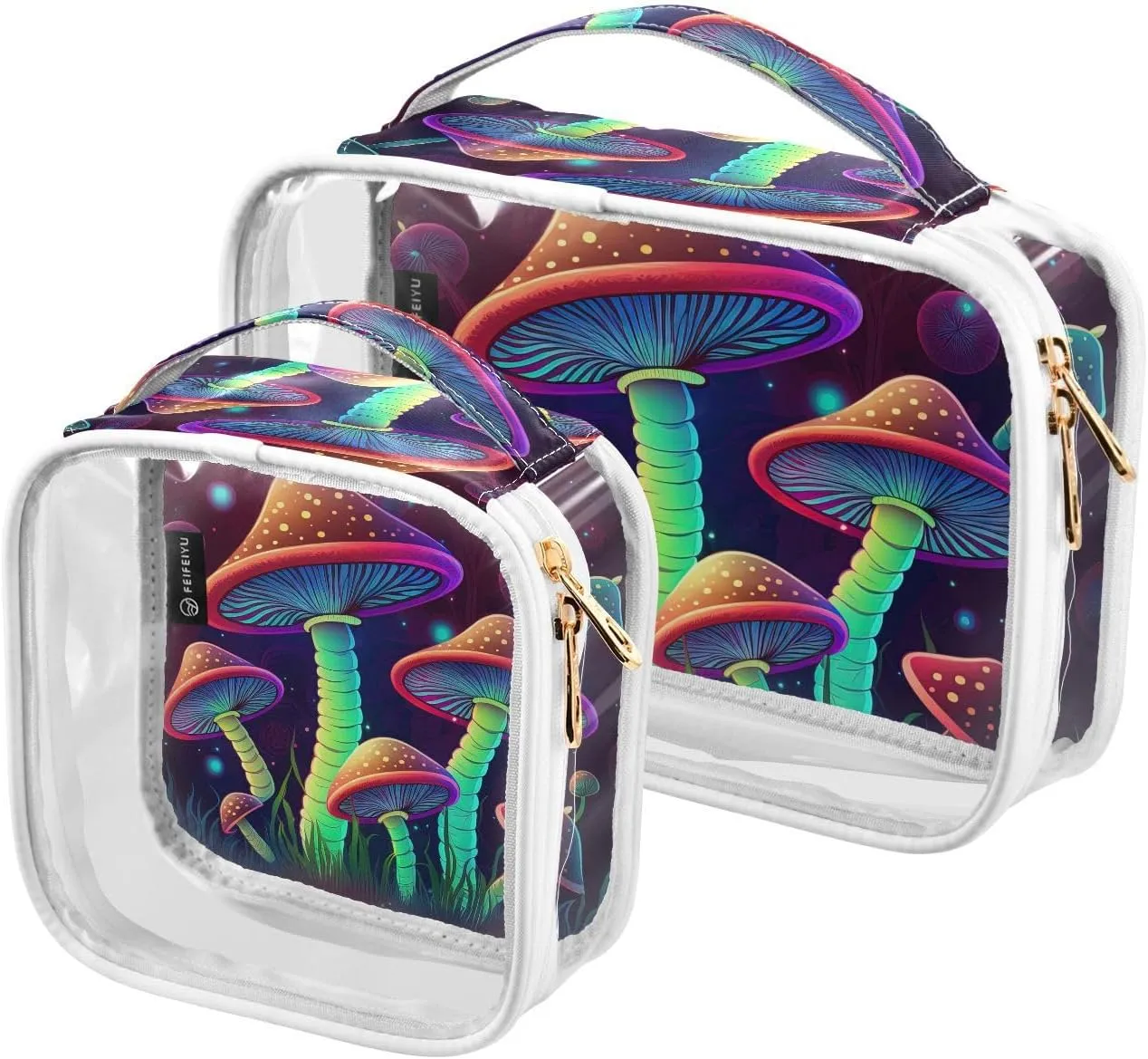 Psychedelic-magic-mushrooms 2 Pack Clear Toiletry Bag Women Men, Portable Waterproof Clear Pouch, Cosmetic Bag with Double Zippers Large Opening Traveling with Handle for Bathroom Traveling Vacation O