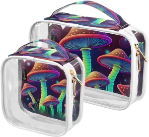 Psychedelic-magic-mushrooms 2 Pack Clear Toiletry Bag Women Men, Portable Waterproof Clear Pouch, Cosmetic Bag with Double Zippers Large Opening Traveling with Handle for Bathroom Traveling Vacation O