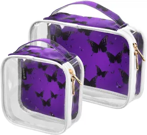 Purple-colour-butterflies2 2 Pack Clear Toiletry Bag Women Men, Portable Waterproof Clear Pouch, Cosmetic Bag with Double Zippers Large Opening Traveling with Handle for Bathroom Traveling Vacation Or