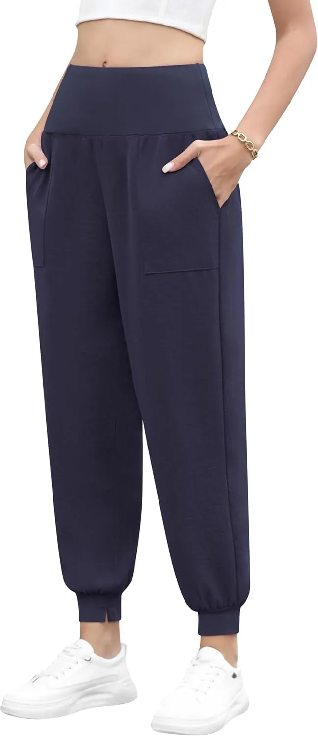 QUEZHU Women High Waist Joggers Palazzo Pants Fall Elastic Waist Casual Lounge Pants with Pockets