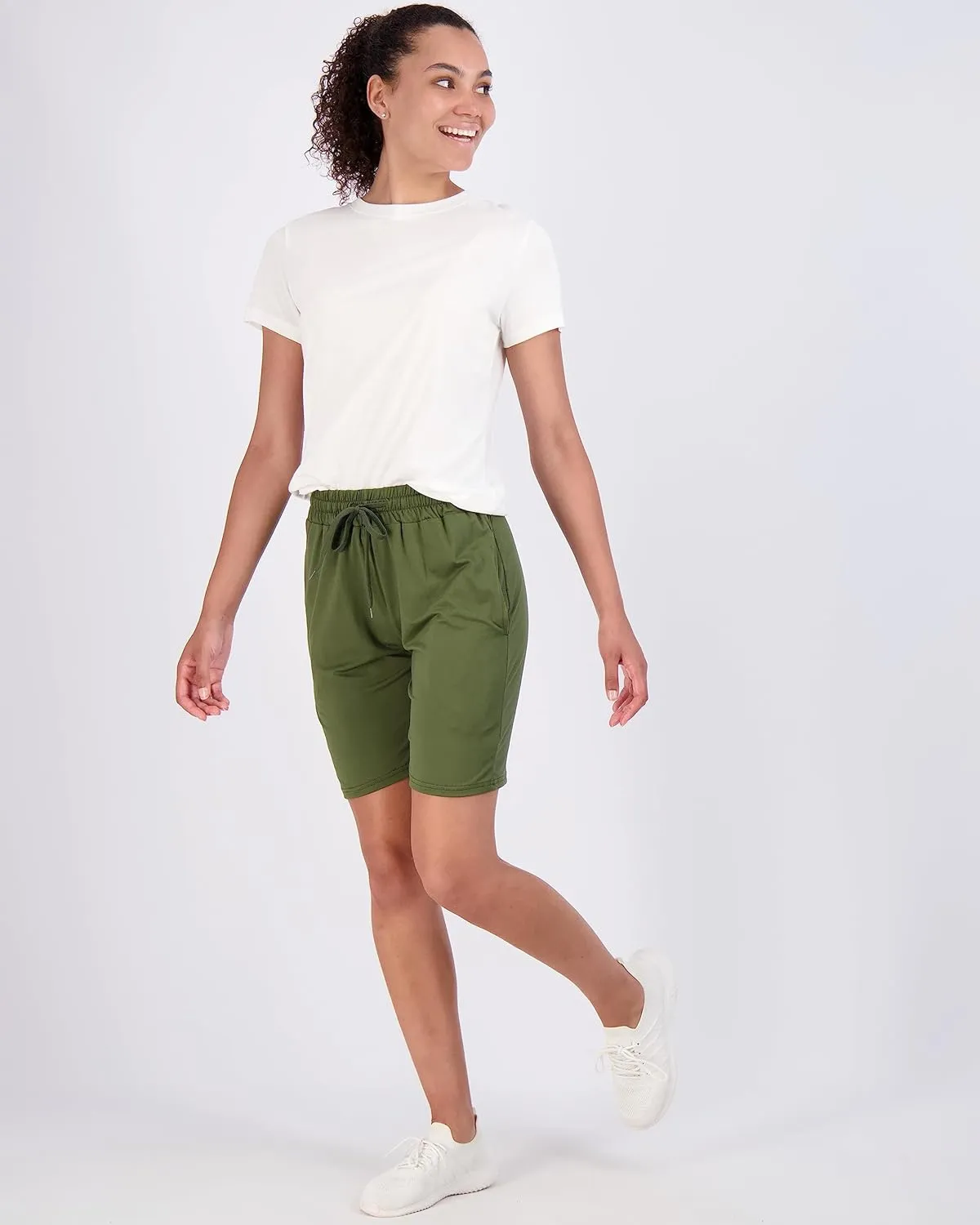 Real Essentials 4 Pack: Women's 7" Bermuda Long Casual Yoga Super-Soft Loose Comfy Shorts with Pockets (Available in Plus)