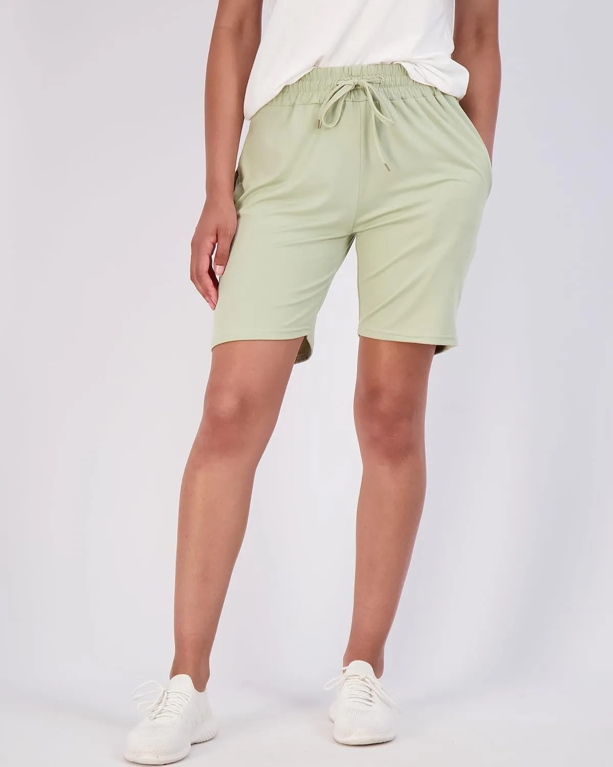 Real Essentials 4 Pack: Women's 7" Bermuda Long Casual Yoga Super-Soft Loose Comfy Shorts with Pockets (Available in Plus)