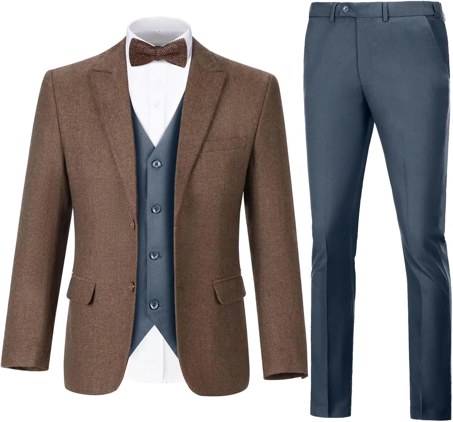 Retro 3 Piece Suit Tweed Herringbone Suit Jacket 2 Button Slim Fit Groom Men Formal Suit Vest Dress Pants Prom Tuxedo