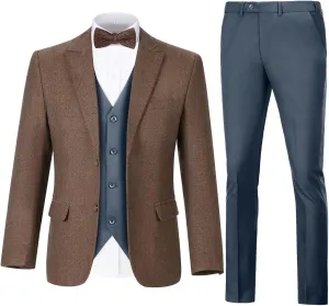 Retro 3 Piece Suit Tweed Herringbone Suit Jacket 2 Button Slim Fit Groom Men Formal Suit Vest Dress Pants Prom Tuxedo
