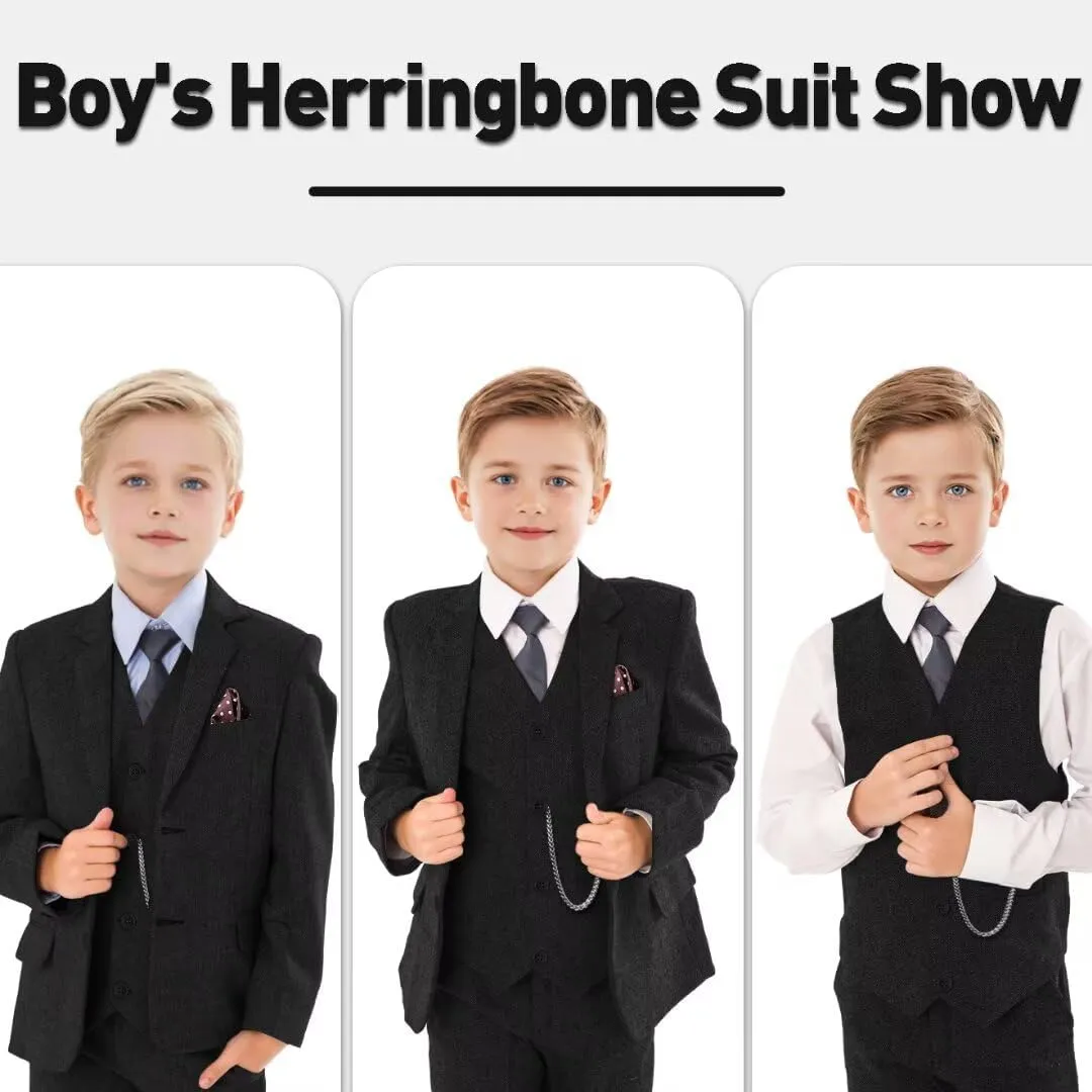 Retro Boys Slim Suits Tweed Herringbone Suit 3 Piece Formal Kids Wedding Ring Bearer Outfits Tuxedos Jacket Vest Pants
