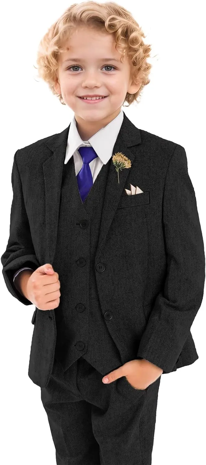 Retro Boys Slim Suits Tweed Herringbone Suit 3 Piece Formal Kids Wedding Ring Bearer Outfits Tuxedos Jacket Vest Pants