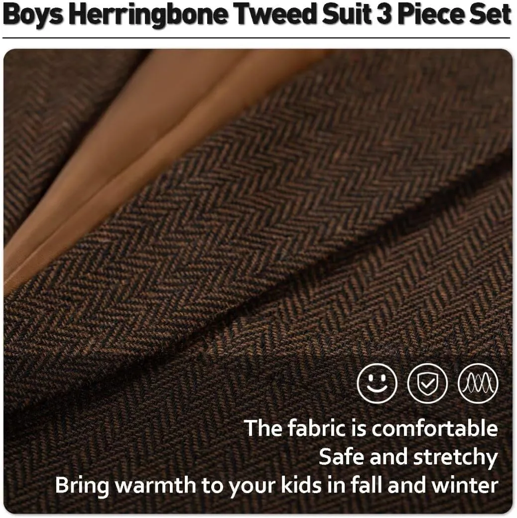 Retro Boys Slim Suits Tweed Herringbone Suit 3 Piece Formal Kids Wedding Ring Bearer Outfits Tuxedos Jacket Vest Pants