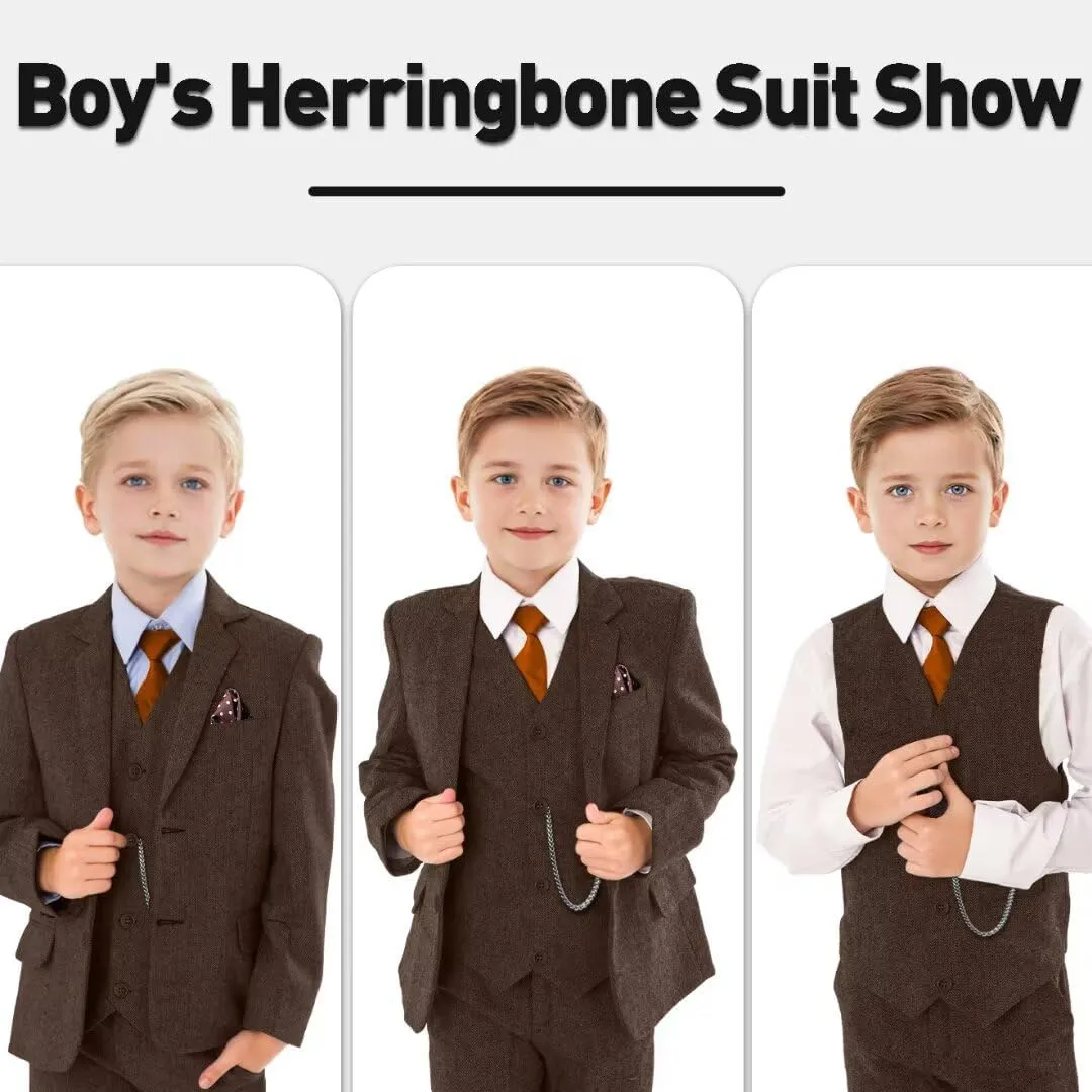 Retro Boys Slim Suits Tweed Herringbone Suit 3 Piece Formal Kids Wedding Ring Bearer Outfits Tuxedos Jacket Vest Pants