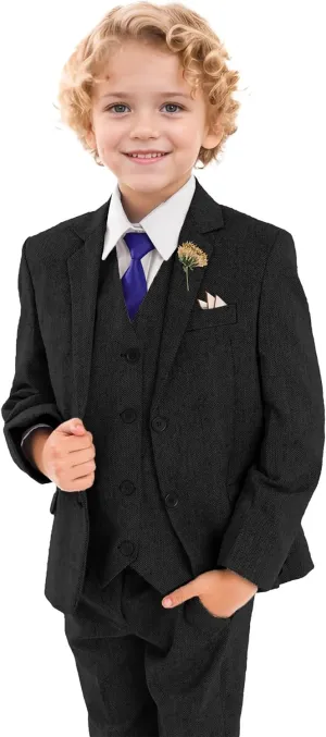 Retro Boys Slim Suits Tweed Herringbone Suit 3 Piece Formal Kids Wedding Ring Bearer Outfits Tuxedos Jacket Vest Pants