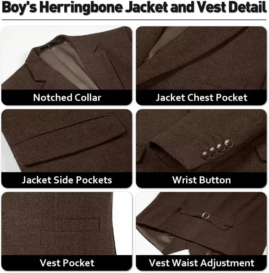 Retro Boys Slim Suits Tweed Herringbone Suit 3 Piece Formal Kids Wedding Ring Bearer Outfits Tuxedos Jacket Vest Pants