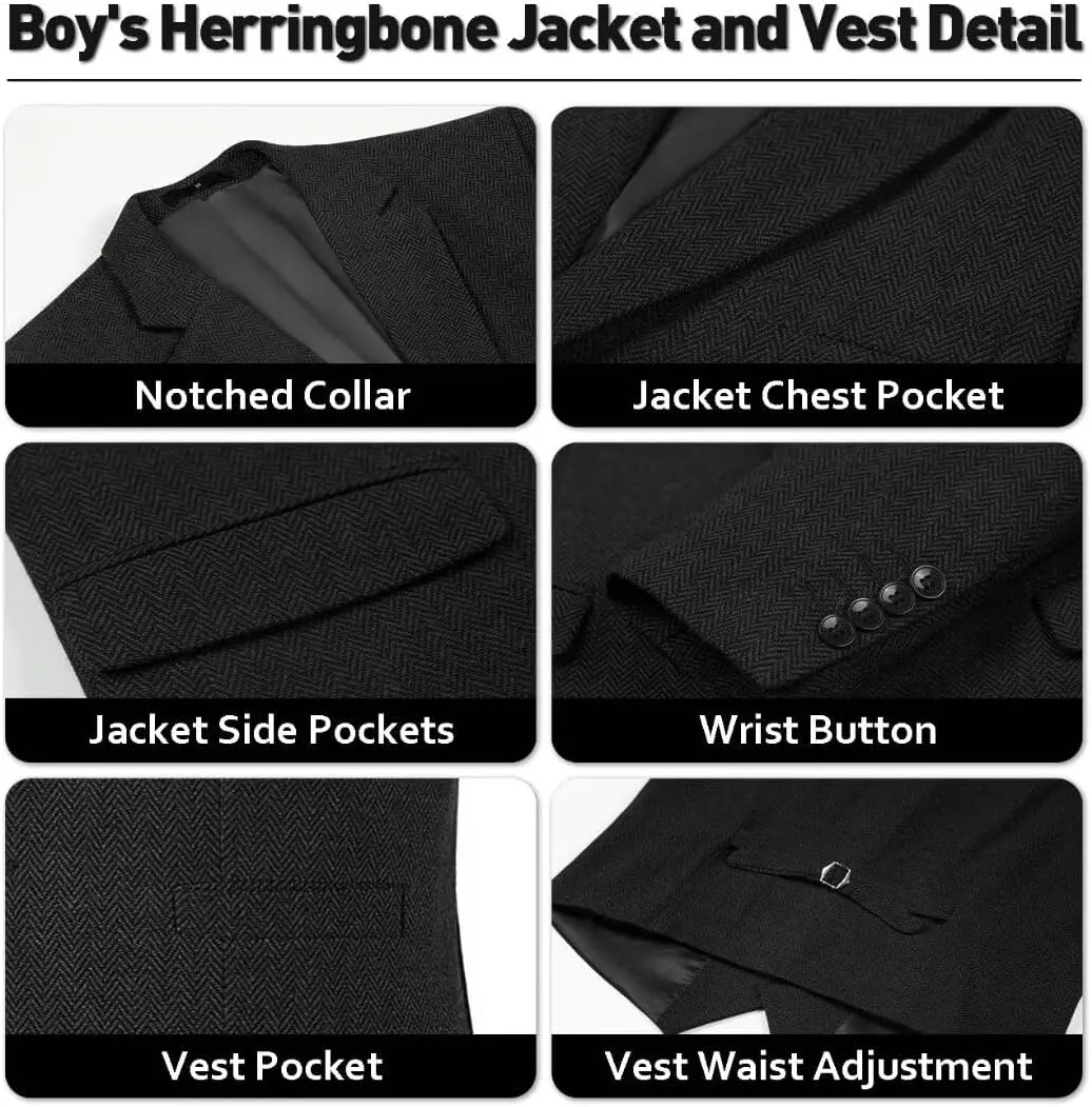 Retro Boys Slim Suits Tweed Herringbone Suit 3 Piece Formal Kids Wedding Ring Bearer Outfits Tuxedos Jacket Vest Pants
