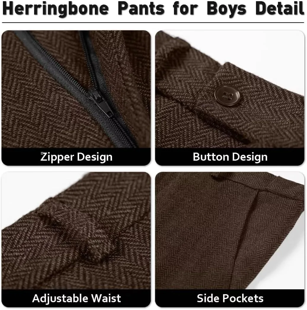 Retro Boys Slim Suits Tweed Herringbone Suit 3 Piece Formal Kids Wedding Ring Bearer Outfits Tuxedos Jacket Vest Pants