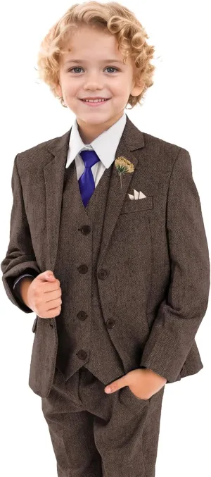 Retro Boys Slim Suits Tweed Herringbone Suit 3 Piece Formal Kids Wedding Ring Bearer Outfits Tuxedos Jacket Vest Pants