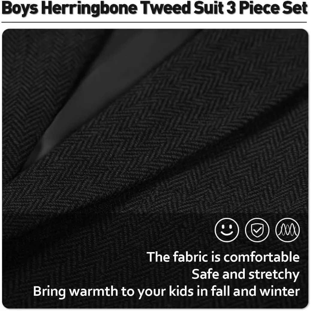 Retro Boys Slim Suits Tweed Herringbone Suit 3 Piece Formal Kids Wedding Ring Bearer Outfits Tuxedos Jacket Vest Pants