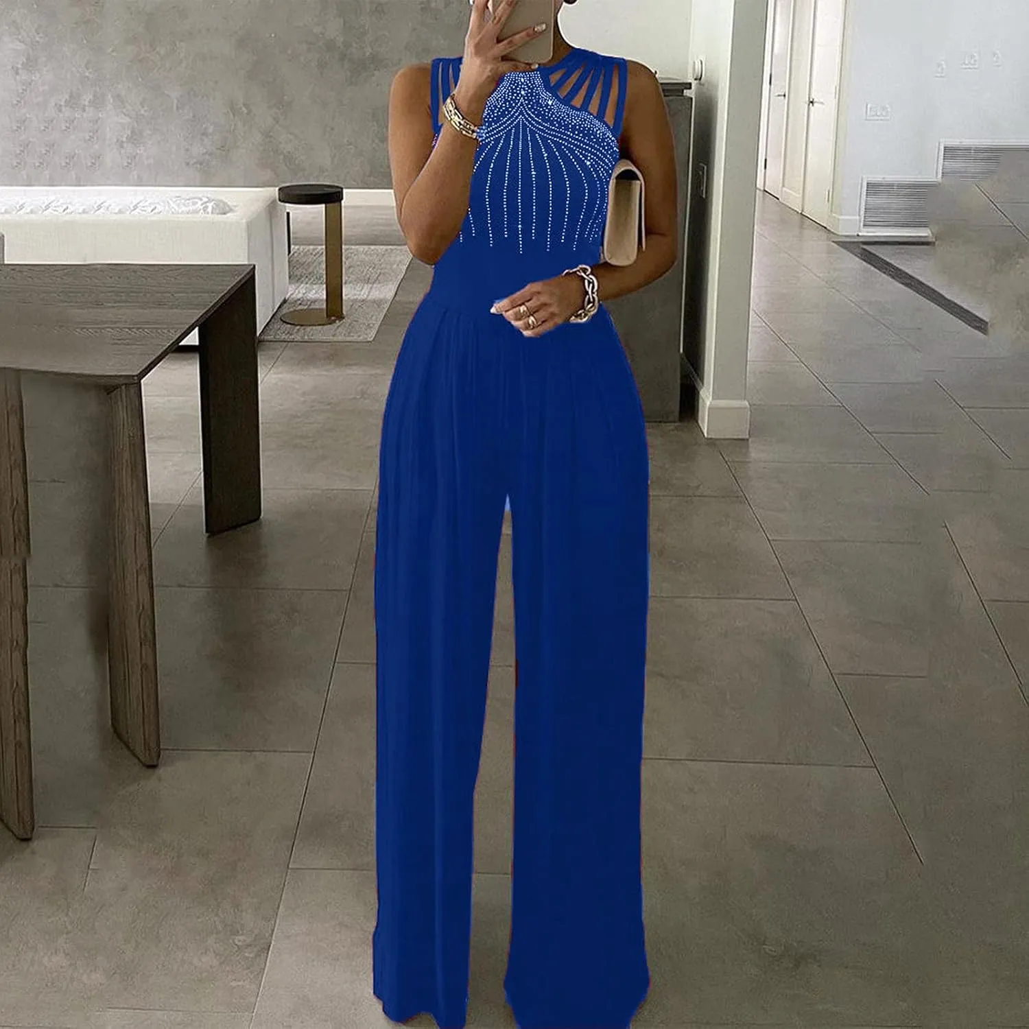 Rhinestone Jumpsuit for Women V Neck Sleeveless Hollow Out Rompers Cocktail Evening Party Outfits Trendy Overalls