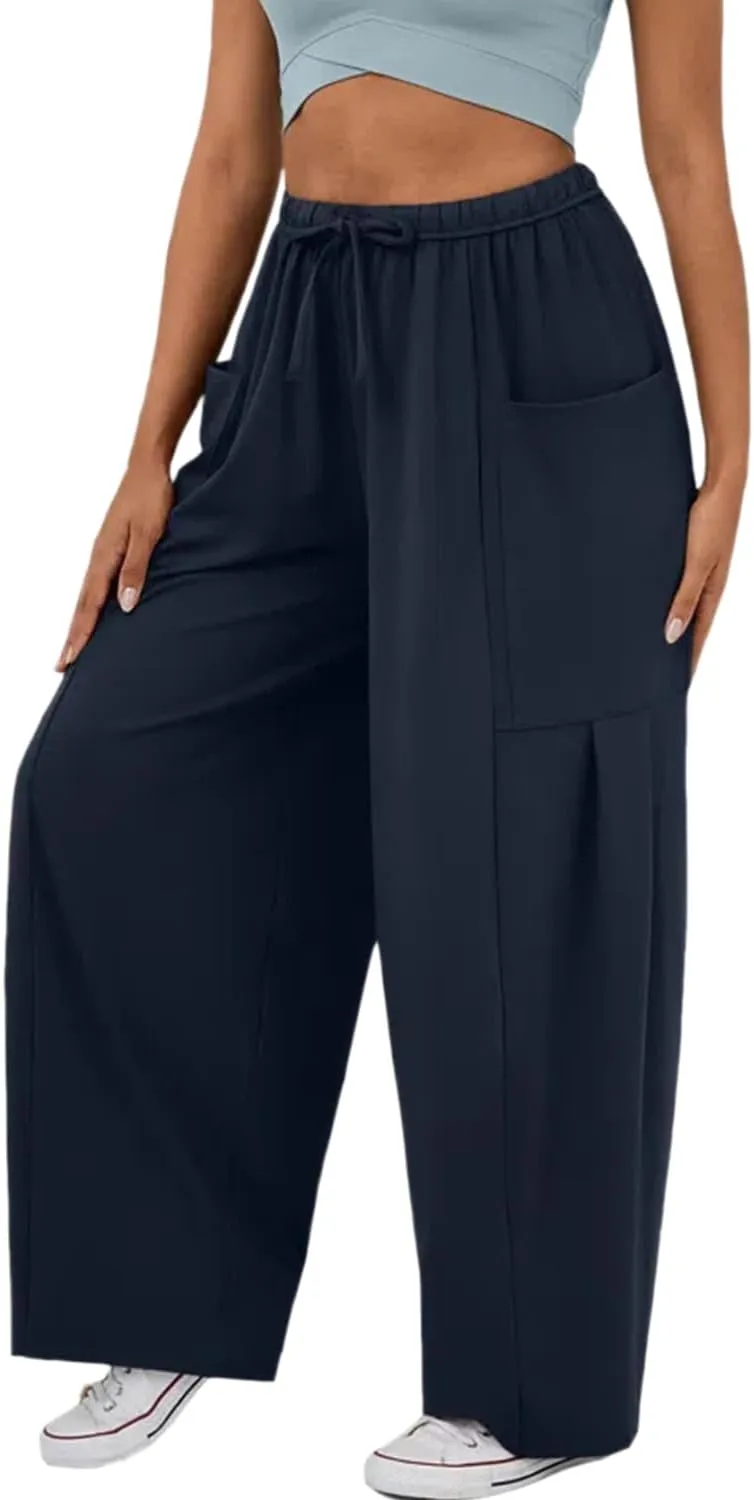 RINTONIX Womens Loose Drawstring High Waisted Wide Leg Harem Pants with Pockets Baggy Casual Summer Palazzo Sweatpants
