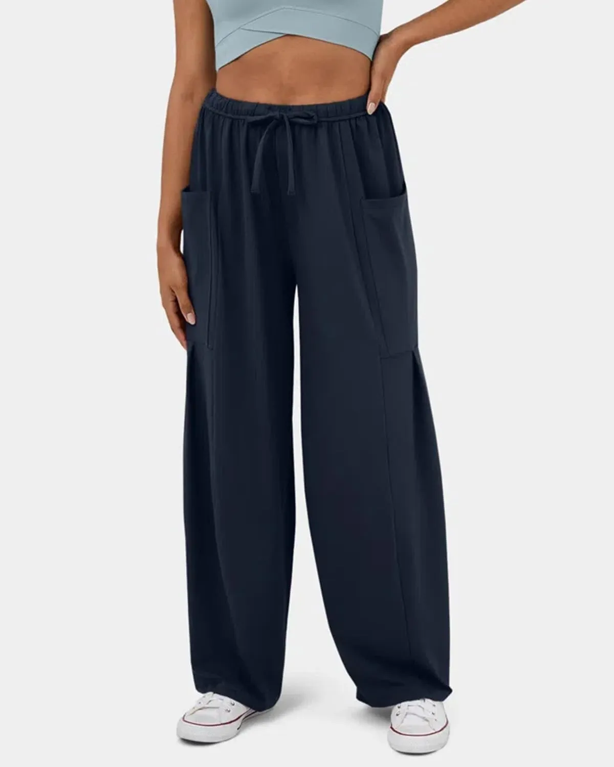 RINTONIX Womens Loose Drawstring High Waisted Wide Leg Harem Pants with Pockets Baggy Casual Summer Palazzo Sweatpants
