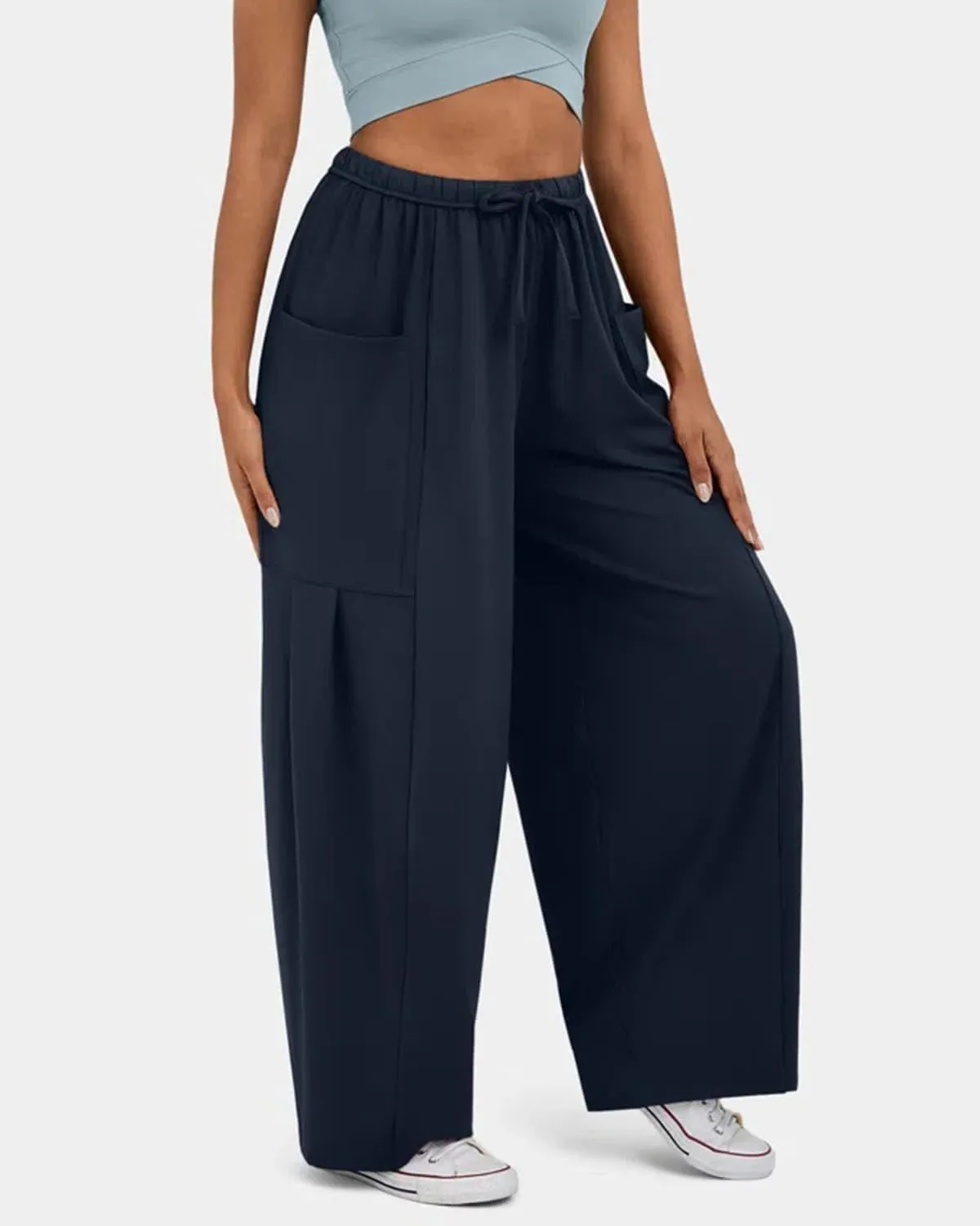 RINTONIX Womens Loose Drawstring High Waisted Wide Leg Harem Pants with Pockets Baggy Casual Summer Palazzo Sweatpants