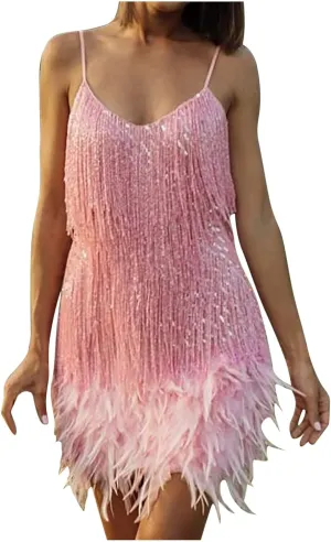 Ruziyoog Fashion Dress for Women Elegant Tassels Sequin Fringe Flapper Dresses Sexy Spaghetti Straps Mini Dancewear Dress