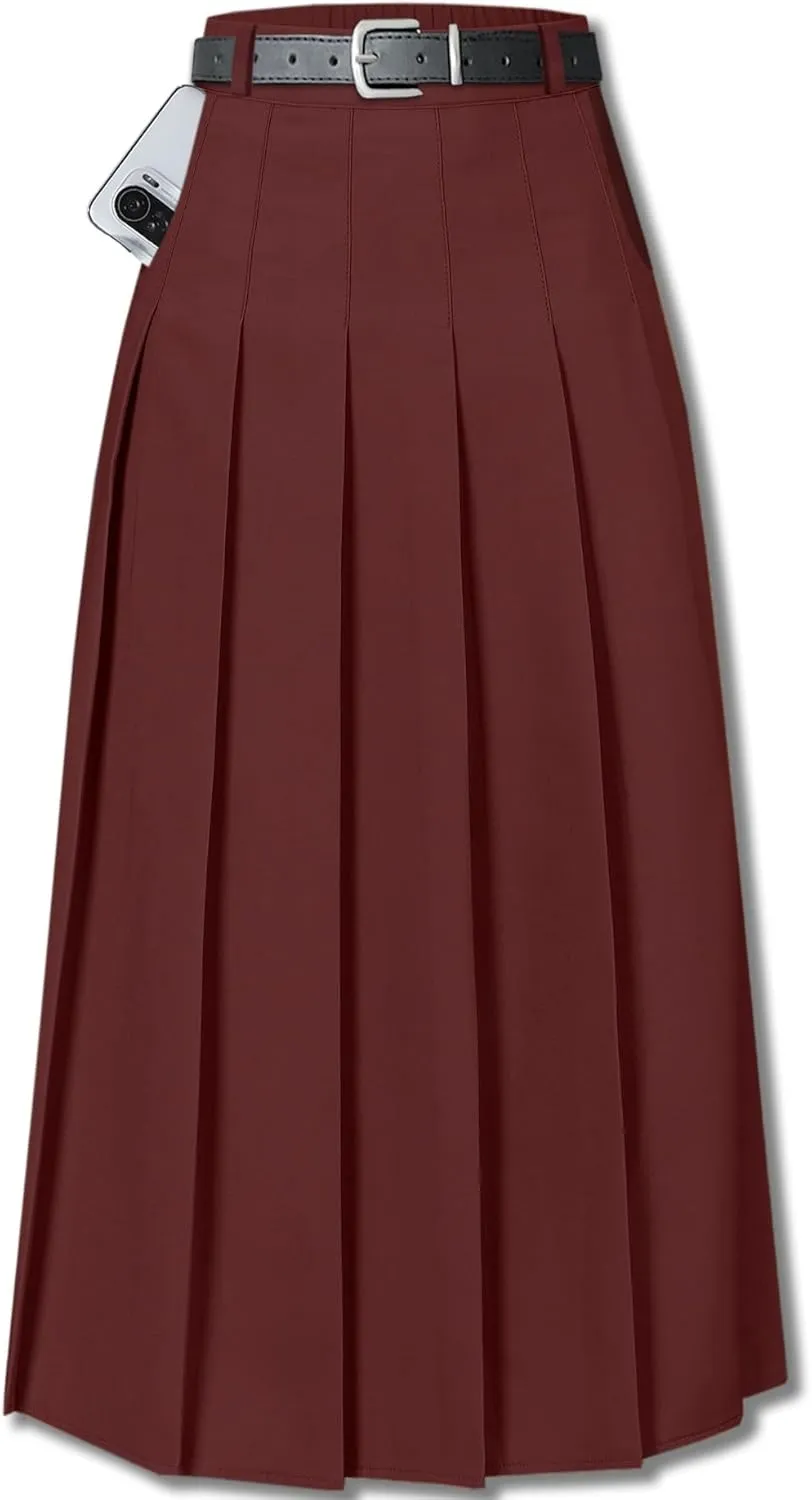 SANGTREE Women's Girls A-Line Long Pleated High Waist Fashion Skirt, School Uniform Cosplay