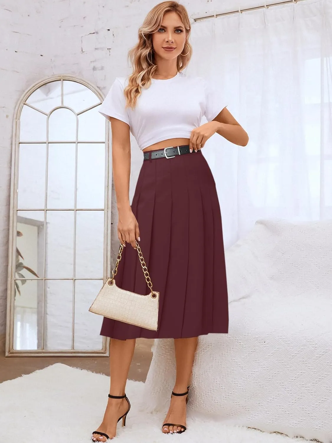 SANGTREE Women's Girls A-Line Long Pleated High Waist Fashion Skirt, School Uniform Cosplay