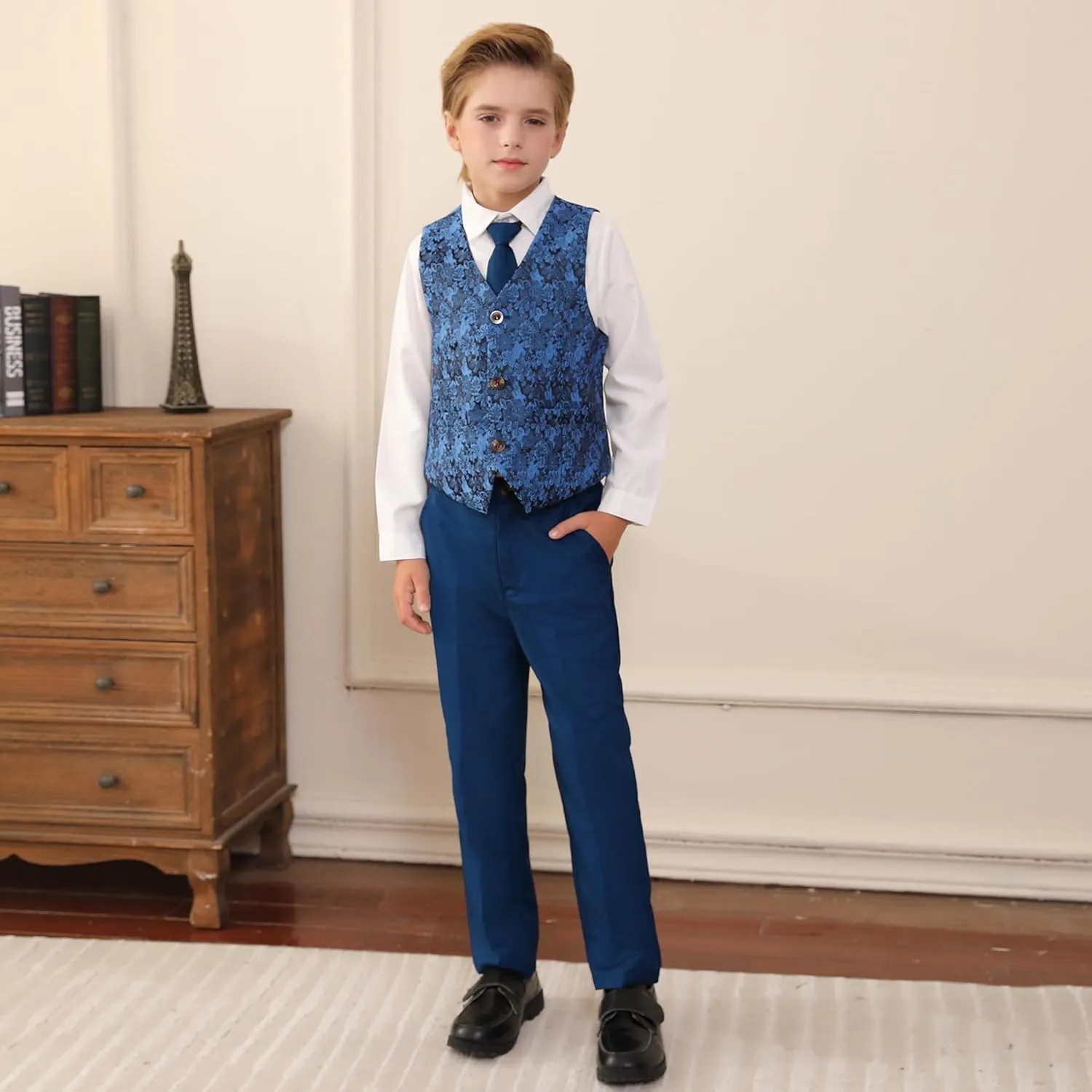 SANMIO Boys Suit 4 Piece Slim Fit Boys Suits Jacket Vest Pants Tie for Kids Suits Sets Boy Formal Tuxedo Set