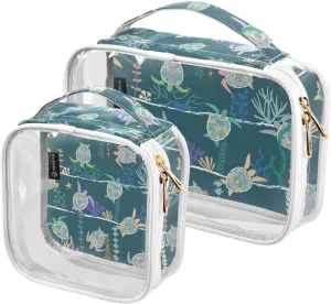 Sea-turtles-print 2 Pack Clear Toiletry Bag Women Men, Portable Waterproof Clear Pouch, Cosmetic Bag with Double Zippers Large Opening Traveling with Handle for Bathroom Traveling Vacation Organizing