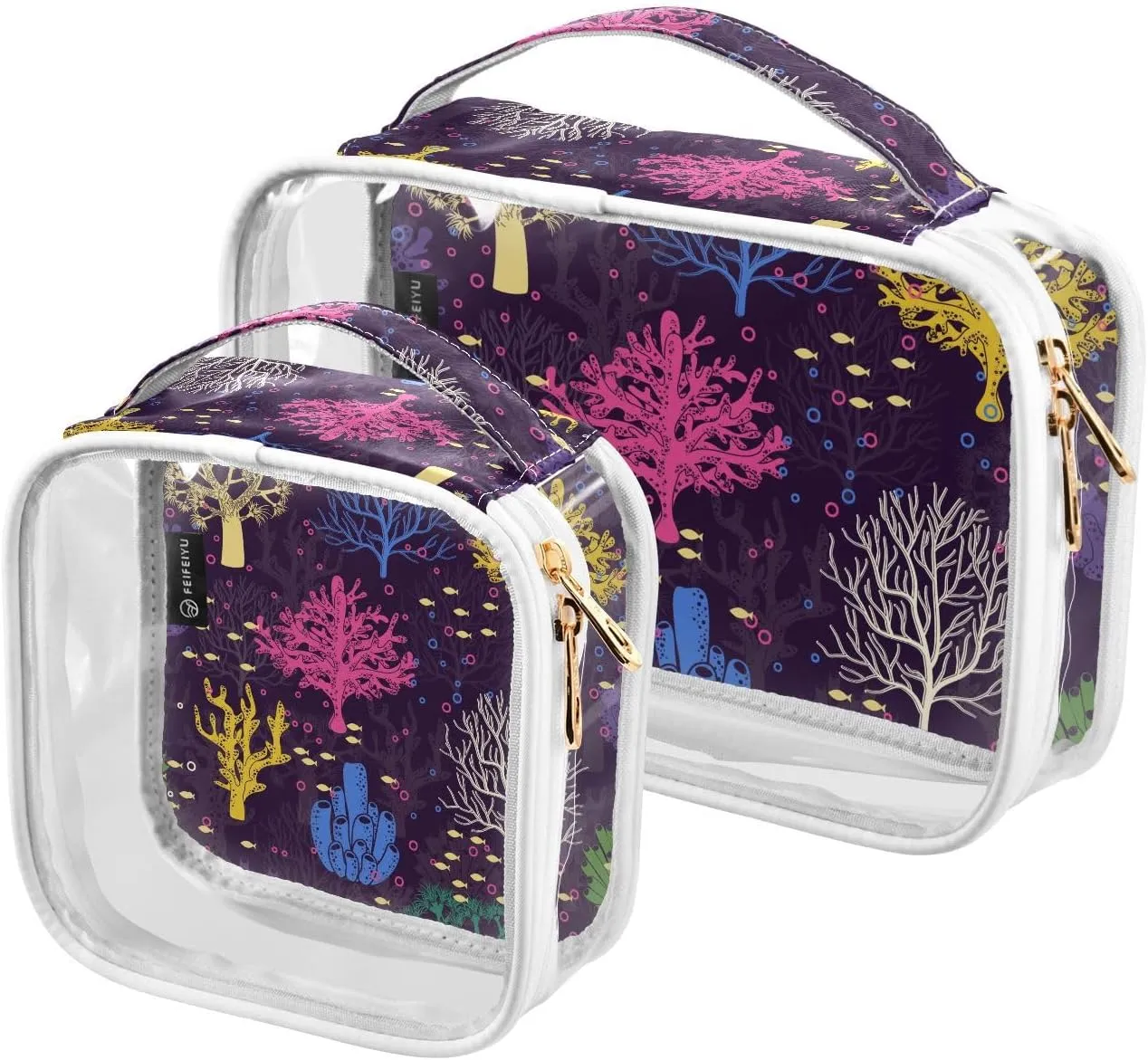 Seabed Pattern 2 Pack Clear Toiletry Bag Women Men, Portable Waterproof Clear Pouch, Cosmetic Bag with Double Zippers Large Opening Traveling with Handle for Bathroom Traveling Vacation Organizing