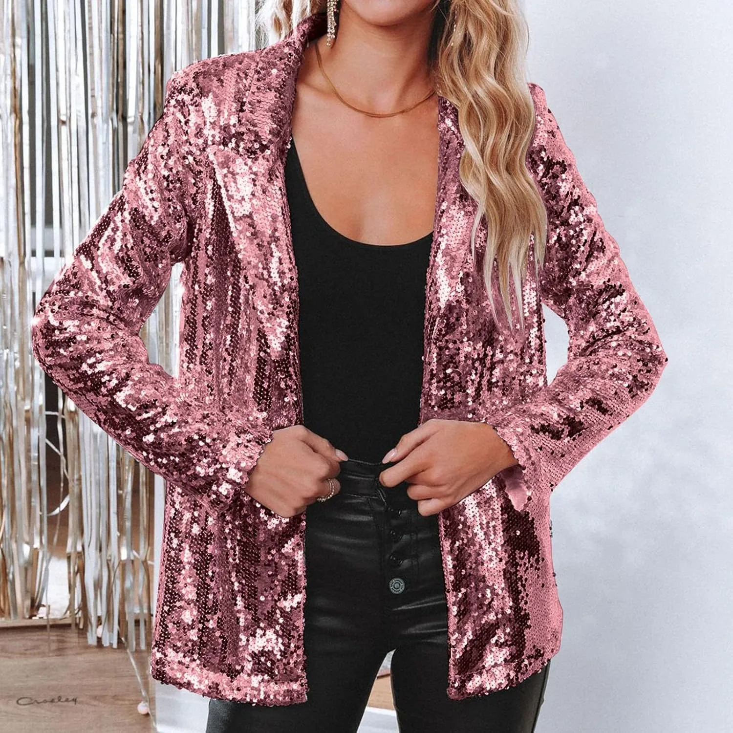 Sequin Blazer for Women Shimmer Jacket Casual Long Sleeve Glitter Party Shiny Lapel Coat Rave Lightweight Blazer Coat