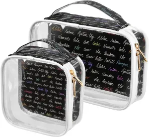 Set-hello-word-pattern 2 Pack Clear Toiletry Bag Women Men, Portable Waterproof Clear Pouch, Cosmetic Bag with Double Zippers Large Opening Traveling with Handle for Bathroom Traveling Vacation Organi