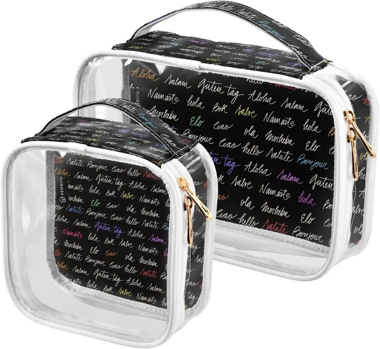 Set-hello-word-pattern 2 Pack Clear Toiletry Bag Women Men, Portable Waterproof Clear Pouch, Cosmetic Bag with Double Zippers Large Opening Traveling with Handle for Bathroom Traveling Vacation Organi