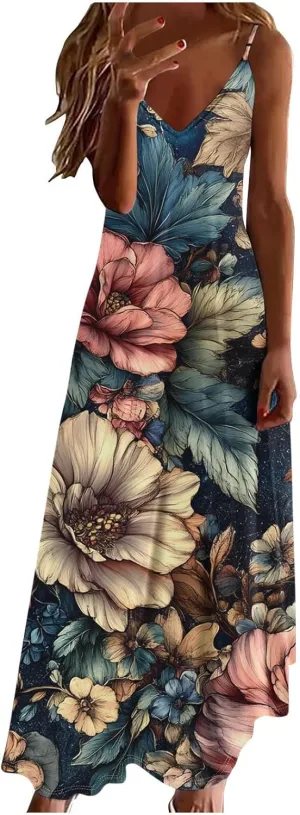 Sexy Dresses for Women V-Neck Spaghetti Strap Sleeveless Boho Sundress Summer Ruched Maxi Wedding Guest Dress