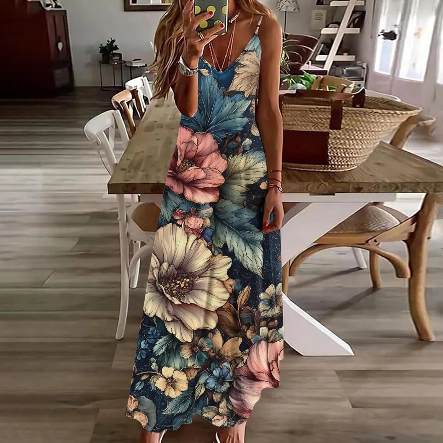Sexy Dresses for Women V-Neck Spaghetti Strap Sleeveless Boho Sundress Summer Ruched Maxi Wedding Guest Dress