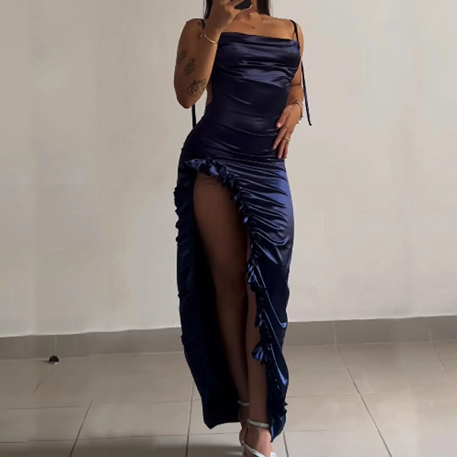 Sexy Summer Dresses for Women Spaghetti Straps Side Split Ruffle Hem Bodycon Long Dress Party Beach Sundresses