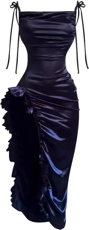 Sexy Summer Dresses for Women Spaghetti Straps Side Split Ruffle Hem Bodycon Long Dress Party Beach Sundresses