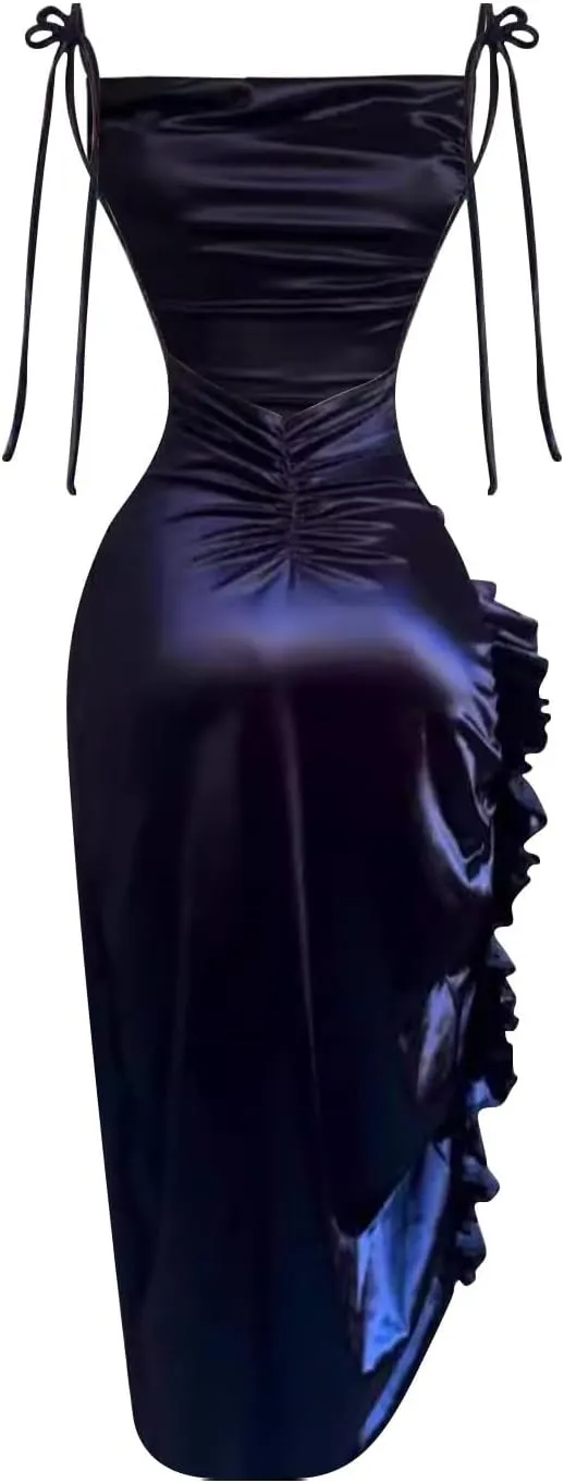 Sexy Summer Dresses for Women Spaghetti Straps Side Split Ruffle Hem Bodycon Long Dress Party Beach Sundresses