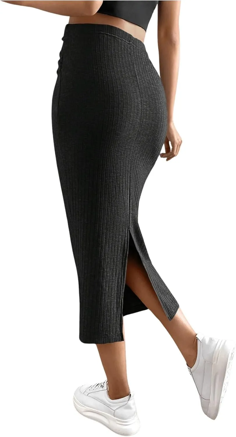 SHENHE Women's Maternity Skirt Adjustable Rib Knit High Waist Split Pencil Long Skirt