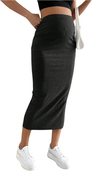SHENHE Women's Maternity Skirt Adjustable Rib Knit High Waist Split Pencil Long Skirt