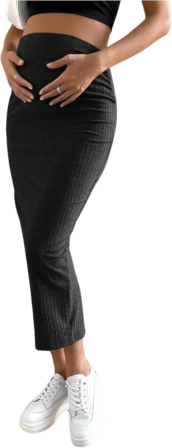 SHENHE Women's Maternity Skirt Adjustable Rib Knit High Waist Split Pencil Long Skirt