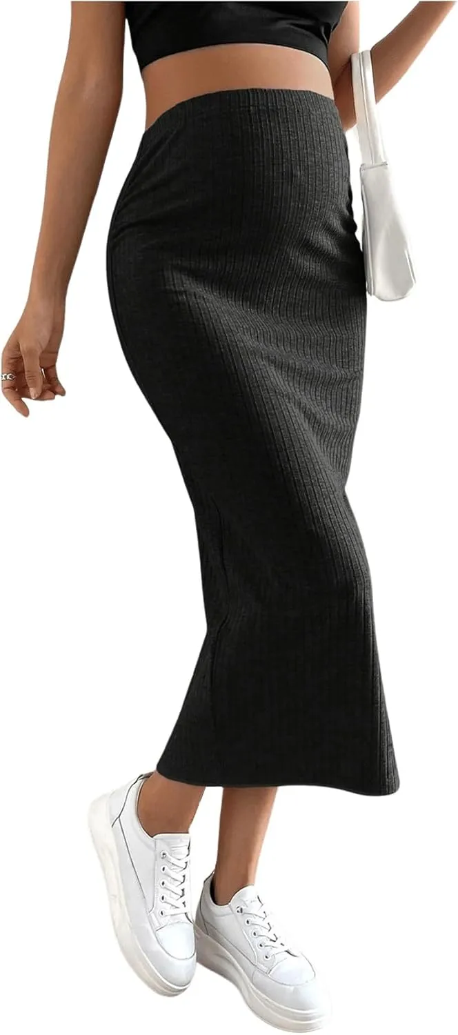 SHENHE Women's Maternity Skirt Adjustable Rib Knit High Waist Split Pencil Long Skirt