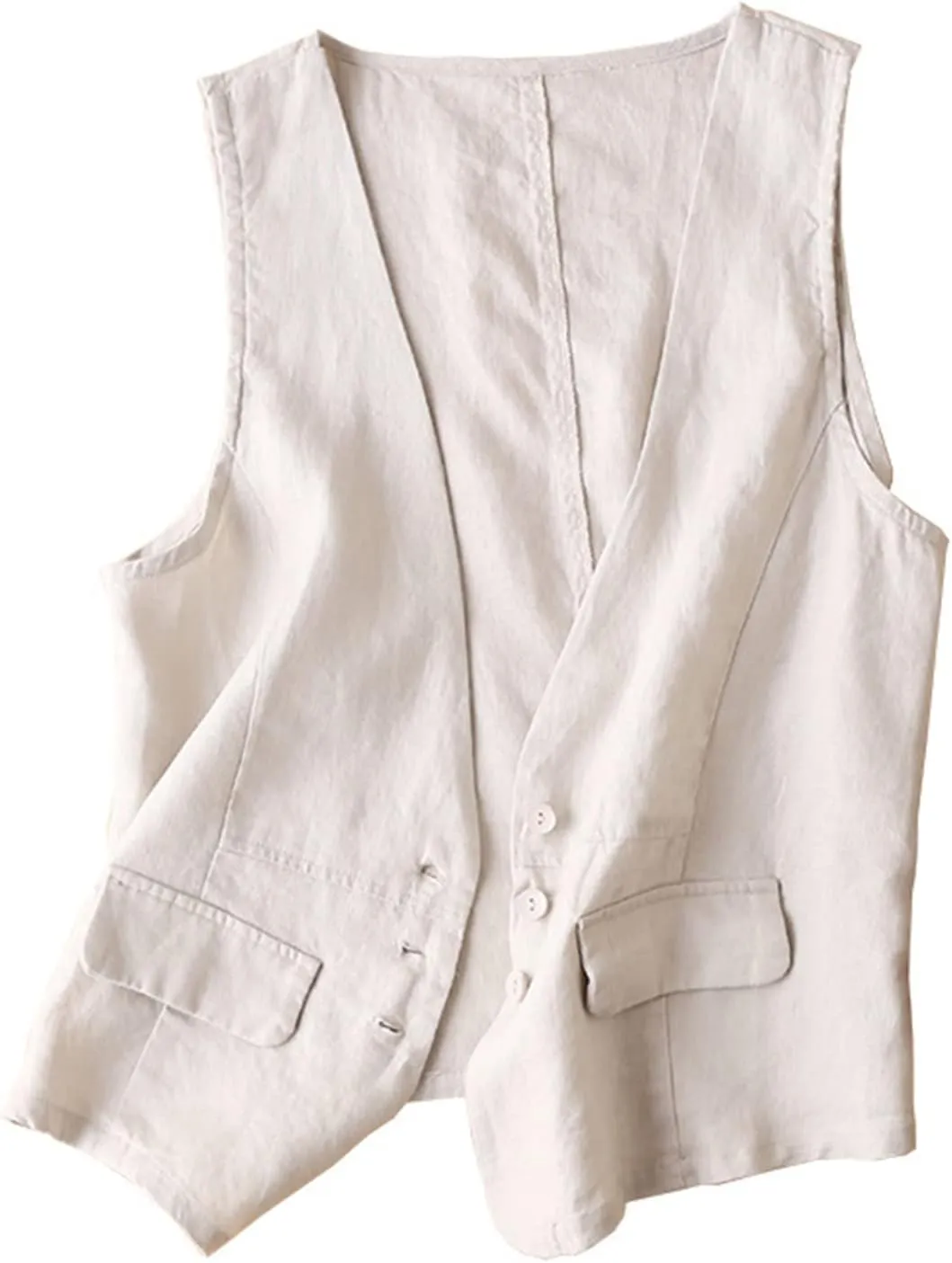 Shiyifa Women's Sleeveless Cotton Linen Vest Button Down V Neck Waistcoat Jacket