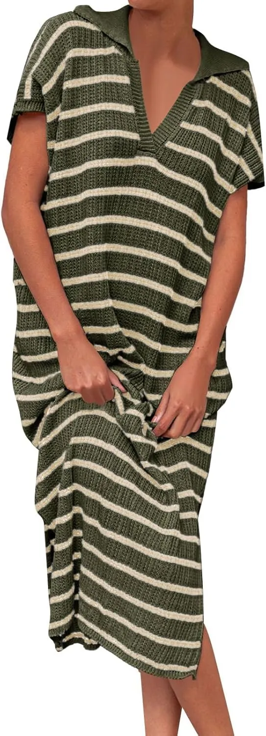 Short Sleeve Dress for Women V Neck Knitted Sweater Striped Side Slit Summer Sundress Casual Holiday Long Dresses