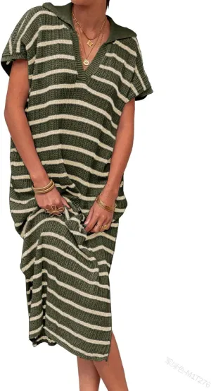 Short Sleeve Dress for Women V Neck Knitted Sweater Striped Side Slit Summer Sundress Casual Holiday Long Dresses