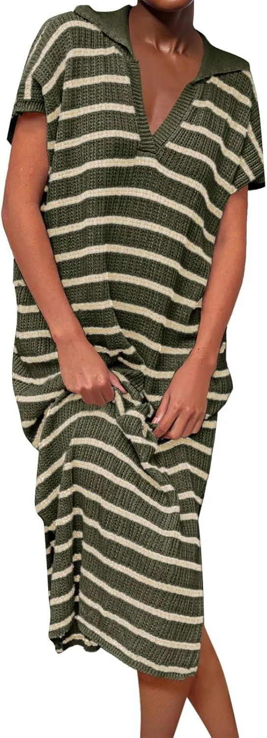 Short Sleeve Dress for Women V Neck Knitted Sweater Striped Side Slit Summer Sundress Casual Holiday Long Dresses