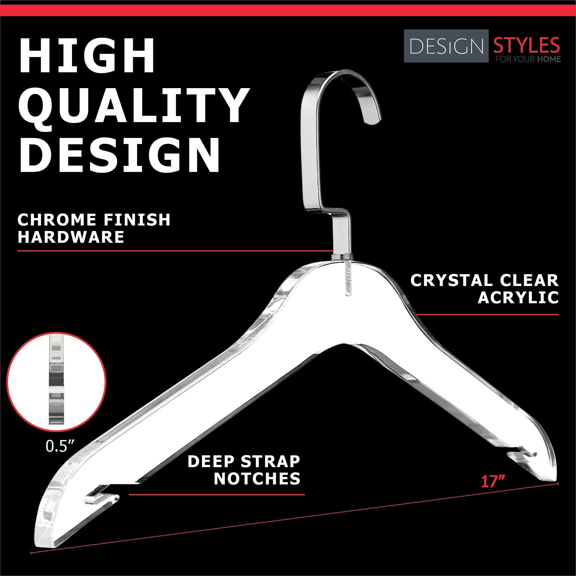 Simply Brilliant Acrylic Clothes Hangers with Silver Colored Hooks - 10 Pack