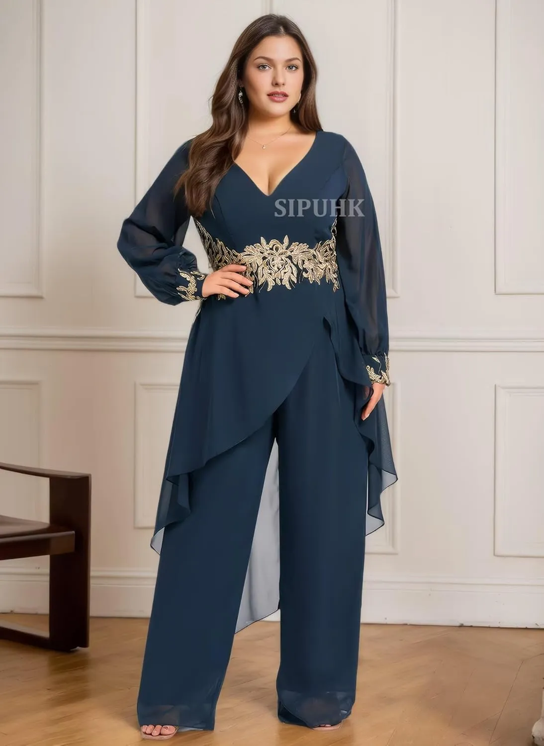 SIPUHK 2 PCs Pant Suits for Women Dressy Gold Applique Outfit Chiffon Long Sleeve Mother of The Bride Pantsuit for Wedding
