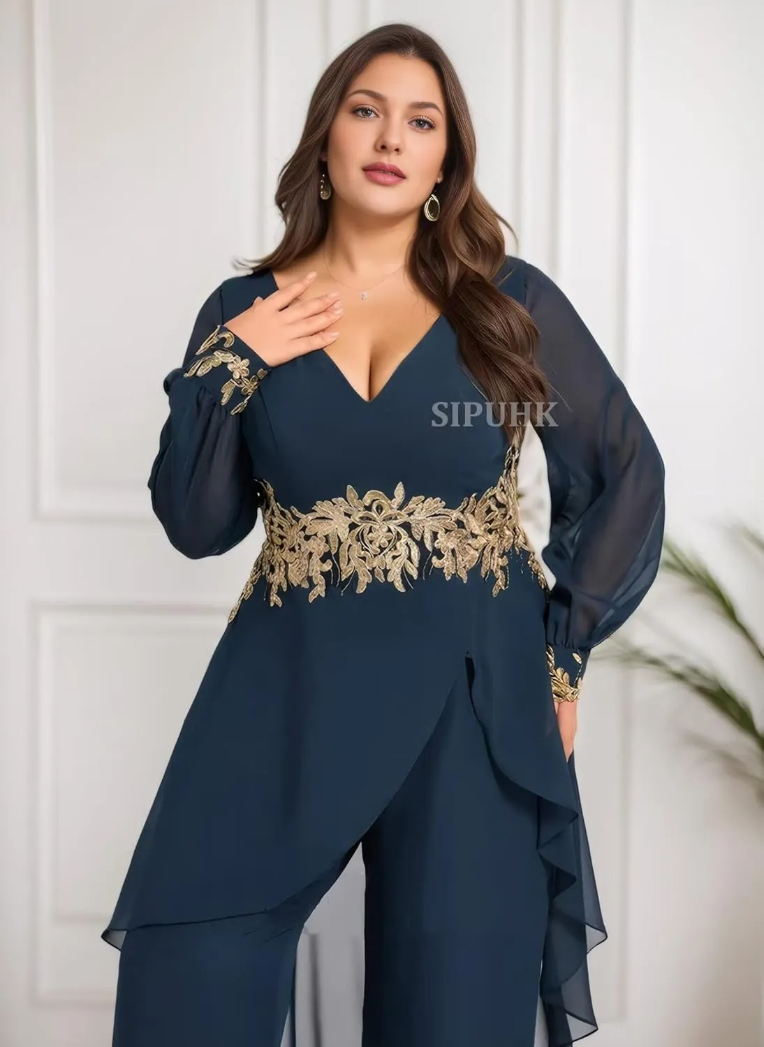 SIPUHK 2 PCs Pant Suits for Women Dressy Gold Applique Outfit Chiffon Long Sleeve Mother of The Bride Pantsuit for Wedding