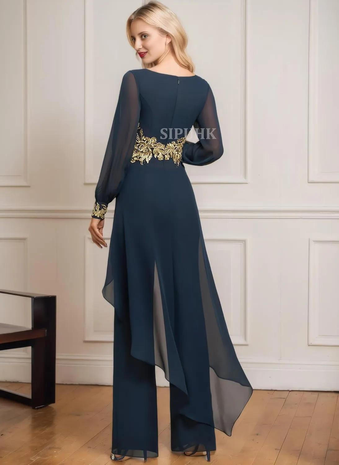 SIPUHK 2 PCs Pant Suits for Women Dressy Gold Applique Outfit Chiffon Long Sleeve Mother of The Bride Pantsuit for Wedding